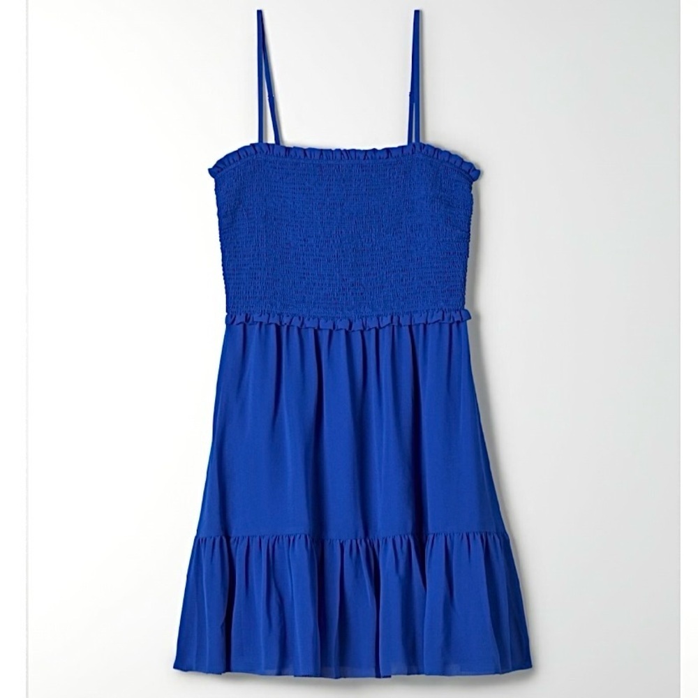 Aritzia Wilfred Tempest Smocked Sleeveless Tiered Mini Dress XS Blue Chiffon